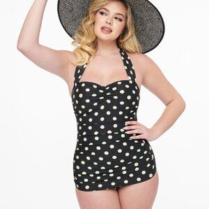 NWT Esther Williams 1950s Black & White Polka Dot One Piece Swimsuit